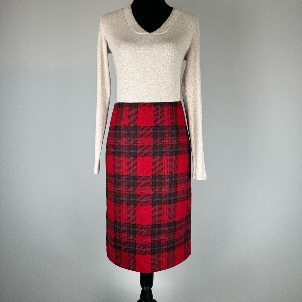 HOBBS London Moon Red Plaid Pencil Skirt 100% Wool Womens US 4